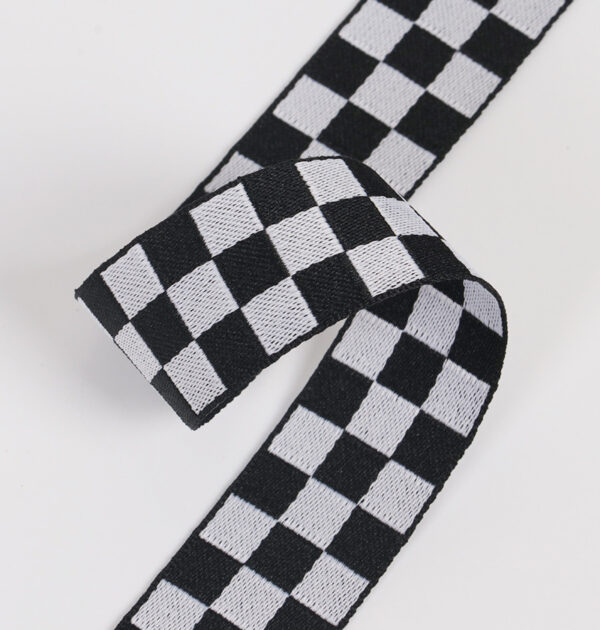 JXL-T-0019-1 In-Stock Black & White Checkered Jacquard Webbing – Polyester Decorative Tape for Pants Side Stripes, Apparel Trim & Bag Accessories