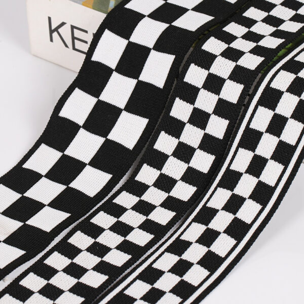 Black & White Checkered Ribbed Knit Tape – 4.0–5.5cm Elastic Jacquard Trim for Casual Pants