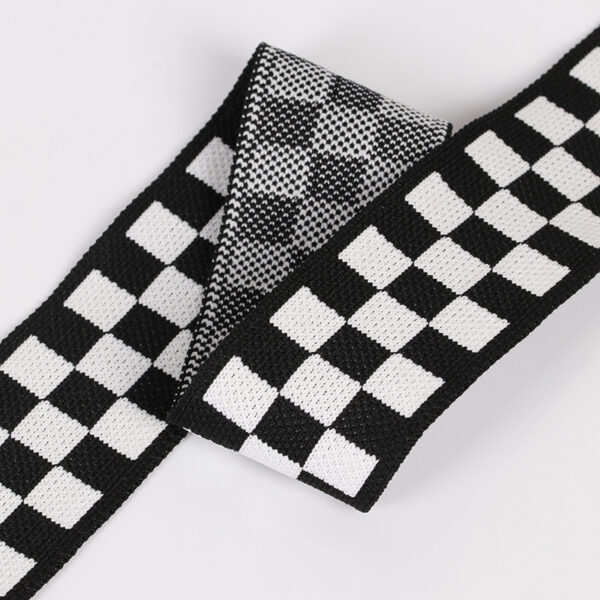 Black & White Checkered Ribbed Knit Tape – 4.0–5.5cm Elastic Jacquard Trim for Casual Pants