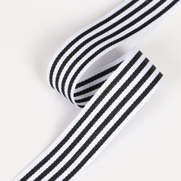 主图-05 Wholesale Black and White Stripe Polyester Webbing – High-Density Flat Grosgrain Trim for Clothing & Accessories