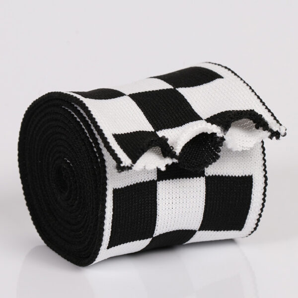 Black & White Checkered Ribbed Knit Tape – 4.0–5.5cm Elastic Jacquard Trim for Casual Pants