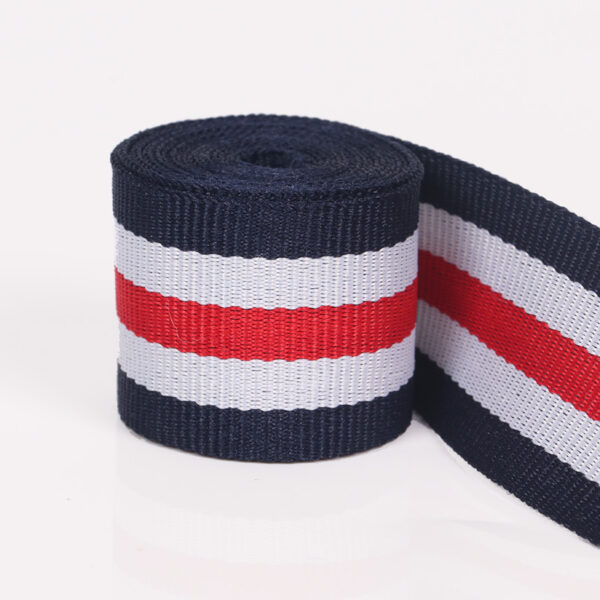 主图-06 Red-White-Blue Striped Polyester Webbing 1–4CM – 300D Densely Woven Flat Trim for Garment Side Stripes, Bags & DIY Accessories