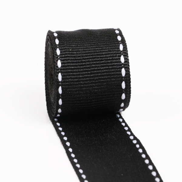 1CM Black Polyester Webbing with White Jump Stitch – Flat Woven Trim for DIY Accessories, Hair Bows & Decorative Crafting