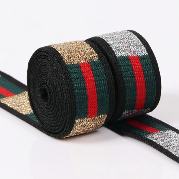 2cm Striped Intercolor Knitted Tape with Metallic Yarn – Gold & Silver Jacquard Polyester Side Stripe