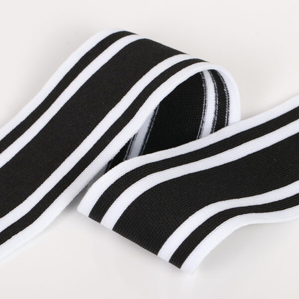 Black and White Mélange Polyester Knitted Tape – Horizontal Stretch Warp-Knit Side Stripe Trim