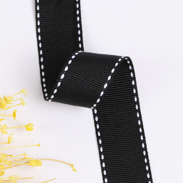 1CM Black Polyester Webbing with White Jump Stitch – Flat Woven Trim for DIY Accessories, Hair Bows & Decorative Crafting