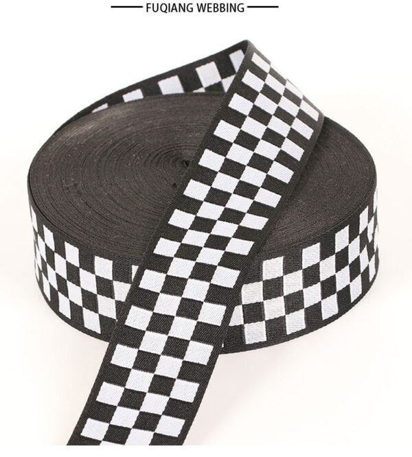 详情-09 In-Stock Black & White Checkered Jacquard Webbing – Polyester Decorative Tape for Pants Side Stripes, Apparel Trim & Bag Accessories