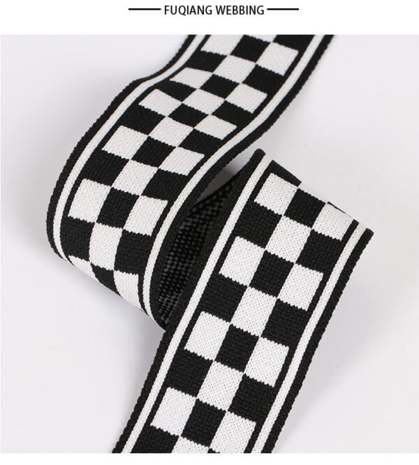 Black & White Checkered Ribbed Knit Tape – 4.0–5.5cm Elastic Jacquard Trim for Casual Pants