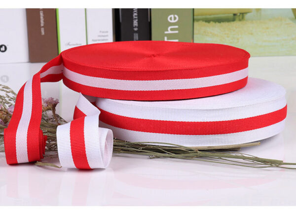 详情-10 Red-White-Blue Tricolor Polyester Webbing – 1.0–3.0cm Flat Weave Tape for Bag, Shoe & Garment Trim (300D)