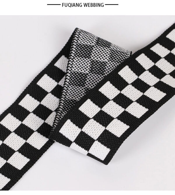 Black & White Checkered Ribbed Knit Tape – 4.0–5.5cm Elastic Jacquard Trim for Casual Pants