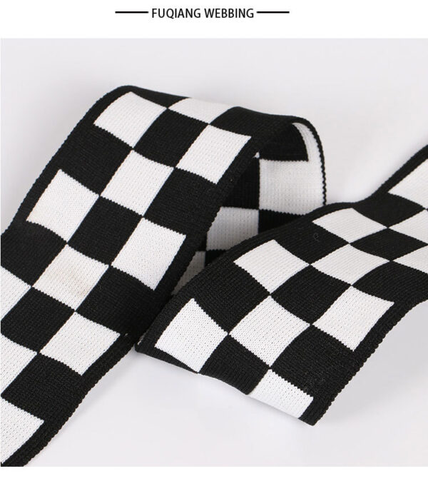 Black & White Checkered Ribbed Knit Tape – 4.0–5.5cm Elastic Jacquard Trim for Casual Pants