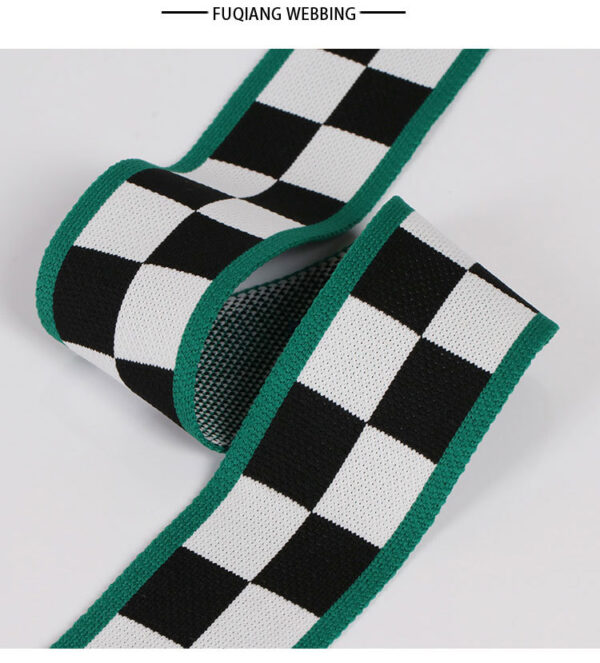 Black & White Checkered Ribbed Knit Tape – 4.0–5.5cm Elastic Jacquard Trim for Casual Pants
