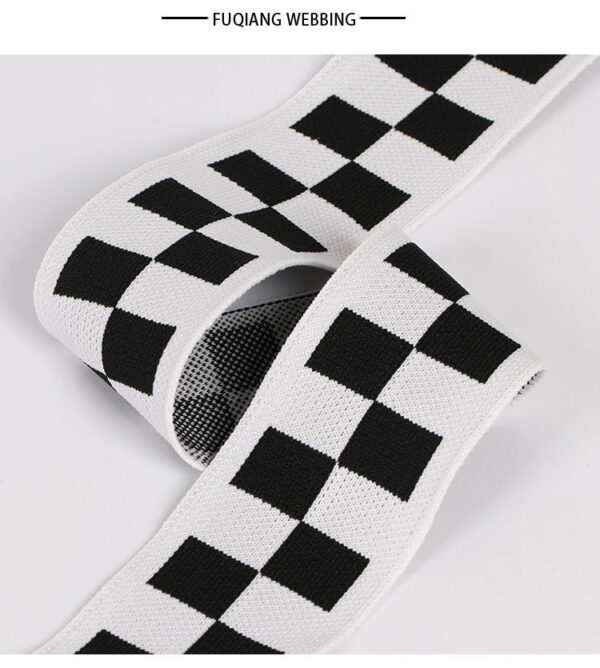 Black & White Checkered Ribbed Knit Tape – 4.0–5.5cm Elastic Jacquard Trim for Casual Pants