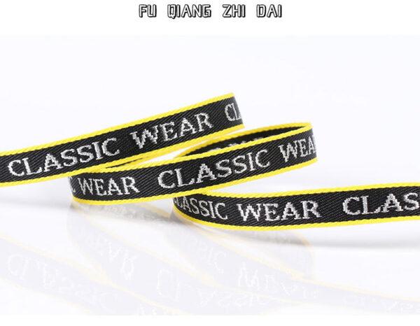 1cm–2cm Silver Thread Letter Jacquard Webbing – Polyester “Classic Wear” Trim Tape for Garment Decoration
