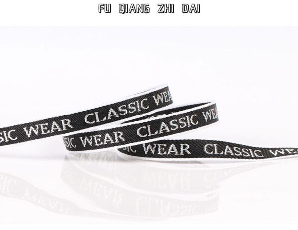 1cm–2cm Silver Thread Letter Jacquard Webbing – Polyester “Classic Wear” Trim Tape for Garment Decoration