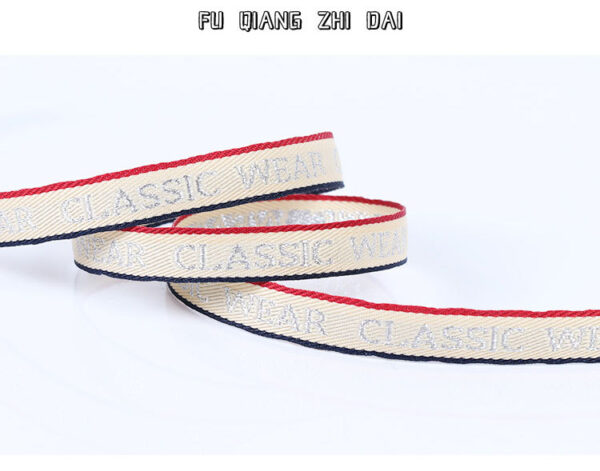 1cm–2cm Silver Thread Letter Jacquard Webbing – Polyester “Classic Wear” Trim Tape for Garment Decoration