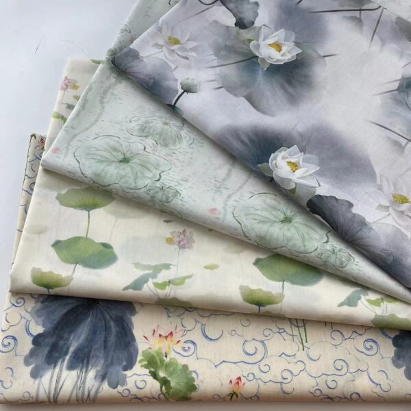 Polyester Poplin Printed Fabric — Chinese Ink Lotus Design