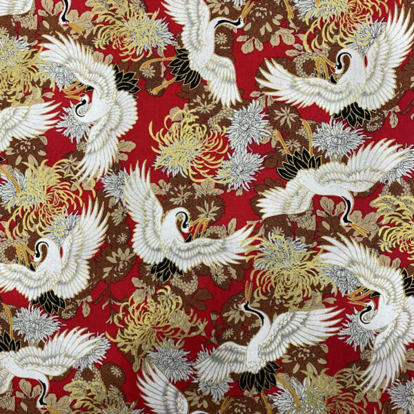 Cotton Crane Gold Print Fabric — Elegant Hanfu & Dress Cloth