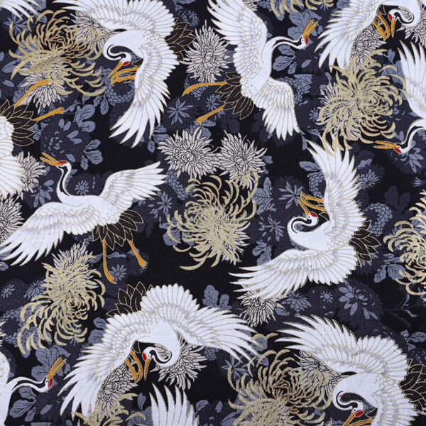 Cotton Crane Gold Print Fabric — Elegant Hanfu & Dress Cloth