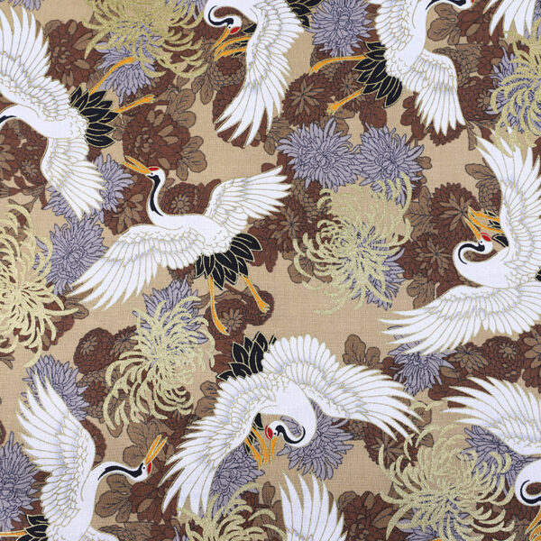 Cotton Crane Gold Print Fabric — Elegant Hanfu & Dress Cloth