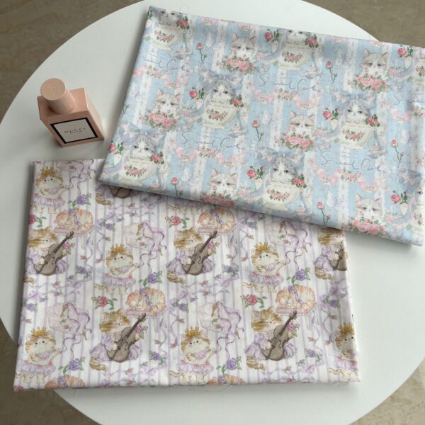 Korean Style Cat Print Cotton Fabric — Soft Digital Print for Kids’ & Women’s Apparel