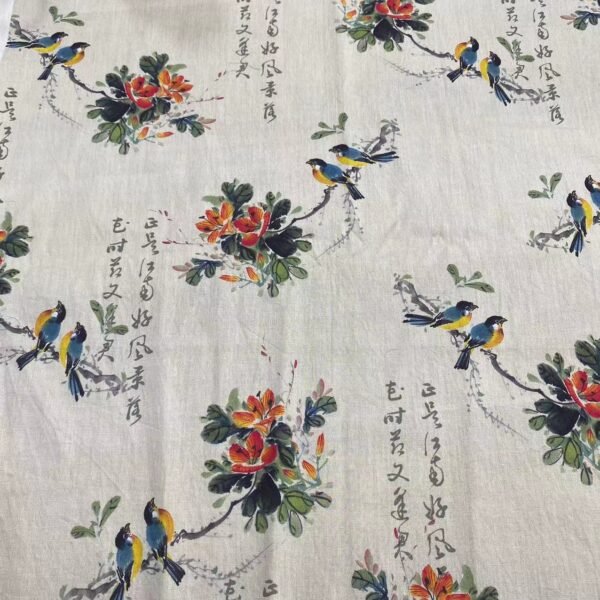 Cotton Digital Printed Fabric — Vintage Chinese Calligraphy & Floral Design