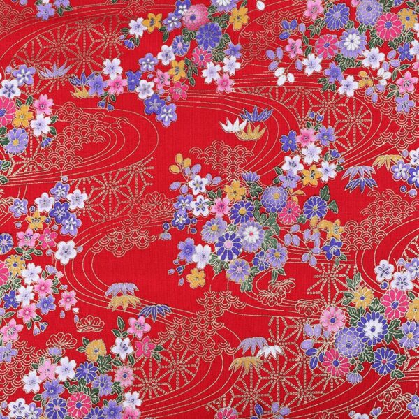 100% Cotton Red Vintage Woven Fabric — Floral Gold Print