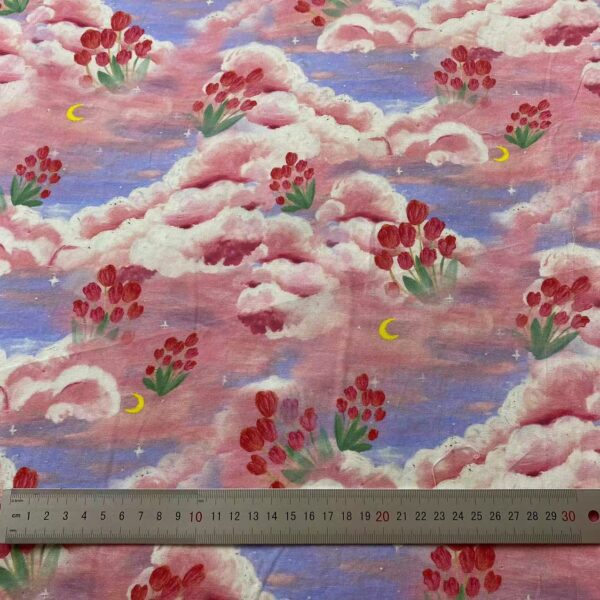 3D Oil-Painting Style Pink Cloud Cotton Fabric — Digital Print for Dresses & Qipao