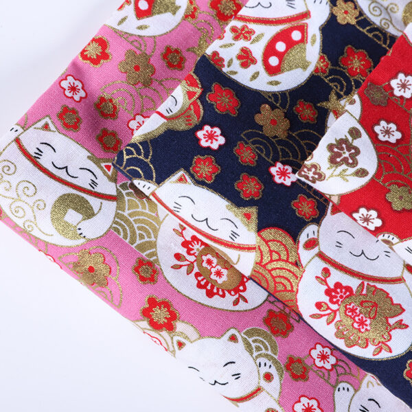 100% Cotton Japanese Lucky Cat Gold Foil Fabric — Kawaii DIY Sewing Cloth