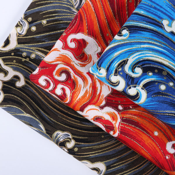 Gold-Stamped Japanese Seigaiha Wave Cotton Linen-Texture Fabric – Woven Cotton for Kimono, Crafts & Apparel