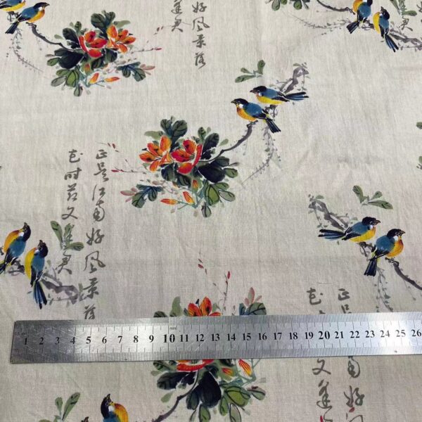 Cotton Digital Printed Fabric — Vintage Chinese Calligraphy & Floral Design