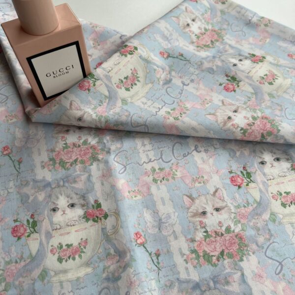 Korean Style Cat Print Cotton Fabric — Soft Digital Print for Kids’ & Women’s Apparel