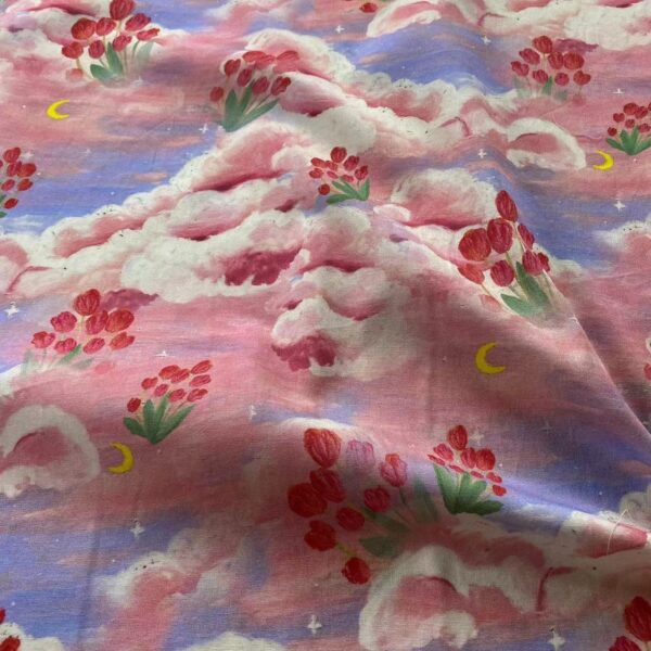 3D Oil-Painting Style Pink Cloud Cotton Fabric — Digital Print for Dresses & Qipao