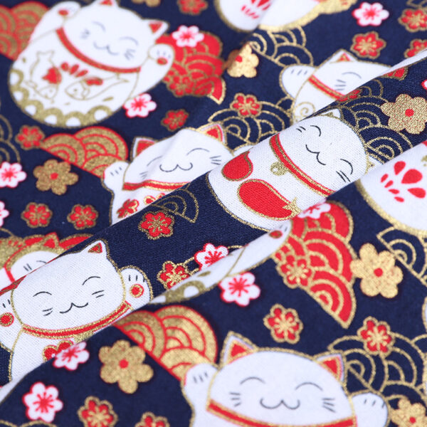 100% Cotton Japanese Lucky Cat Gold Foil Fabric — Kawaii DIY Sewing Cloth