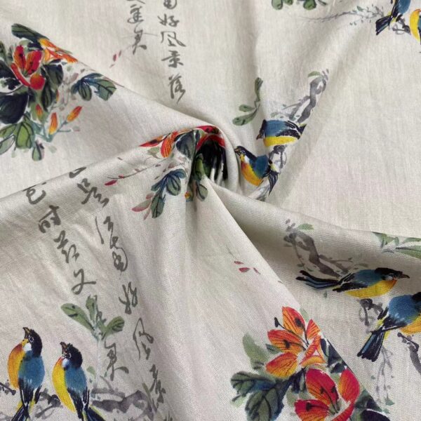 Cotton Digital Printed Fabric — Vintage Chinese Calligraphy & Floral Design