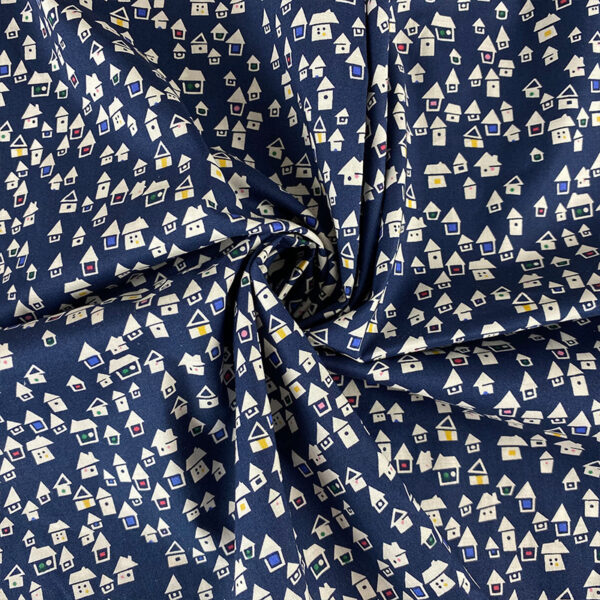 主图-03 Cotton Poplin Fabric with Little House Print – 60s Lightweight Dress & Pajama Material