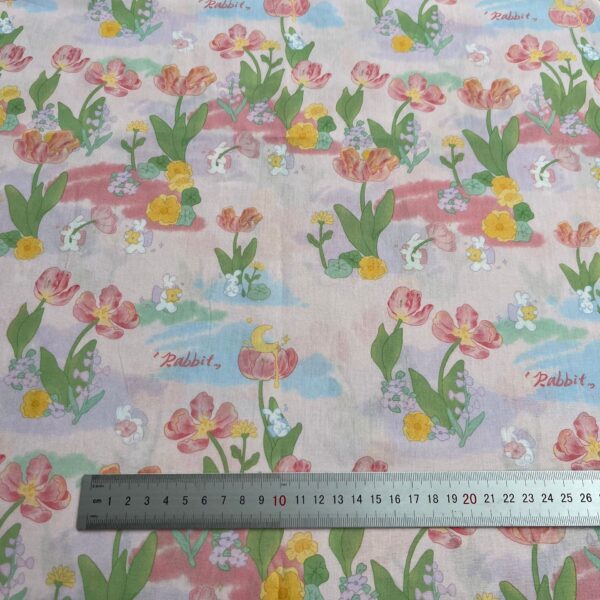 100% Cotton Digital Printed Fabric — Korean INS Bunny & Red Floral Design