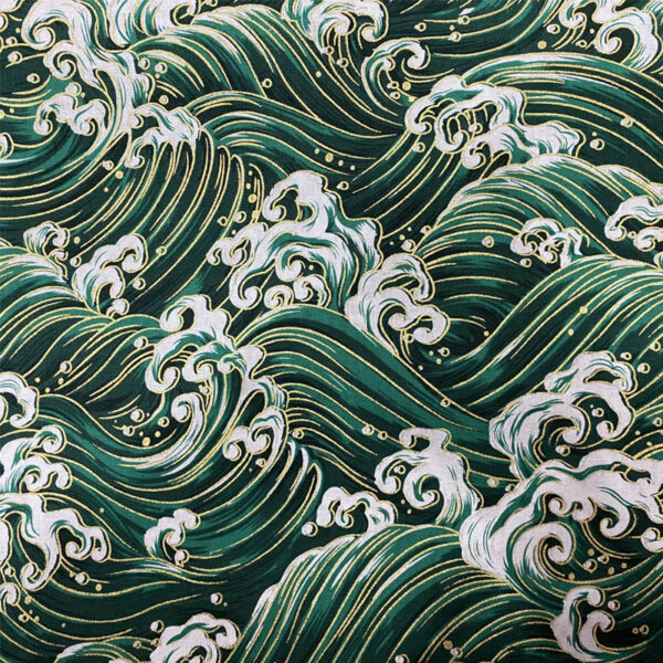 Gold-Stamped Japanese Seigaiha Wave Cotton Linen-Texture Fabric – Woven Cotton for Kimono, Crafts & Apparel