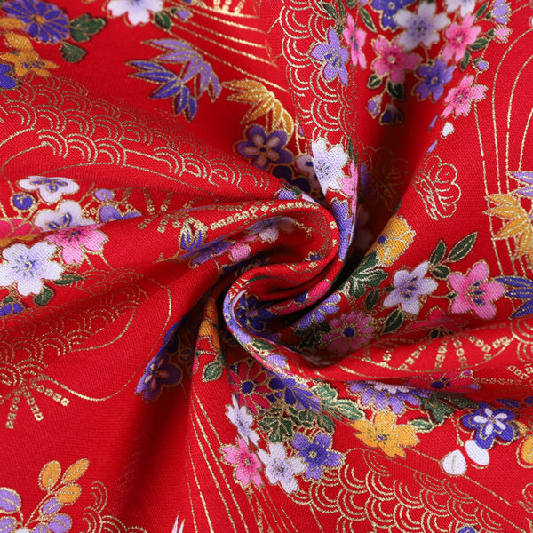 100% Cotton Red Vintage Woven Fabric — Floral Gold Print