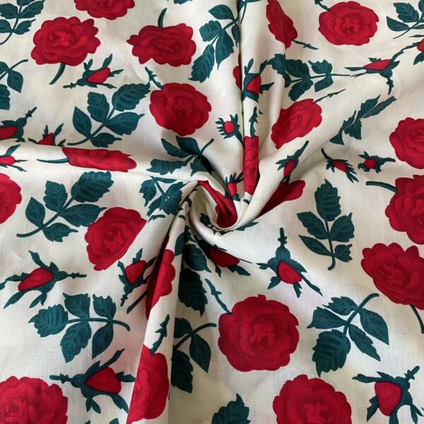 100% Cotton Reactive Printed Fabric — Red Rose Floral Poplin
