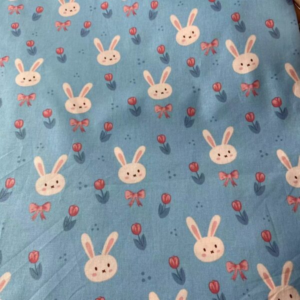 Cartoon Bunny Cotton Poplin Fabric — Soft Printed Fabric for Kidswear, Dresses & Anti-Mosquito Pants