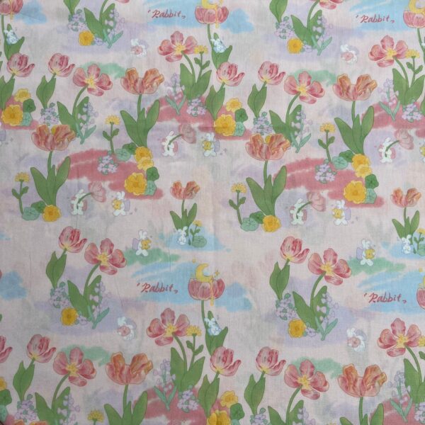 100% Cotton Digital Printed Fabric — Korean INS Bunny & Red Floral Design