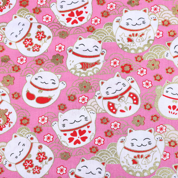 100% Cotton Japanese Lucky Cat Gold Foil Fabric — Kawaii DIY Sewing Cloth