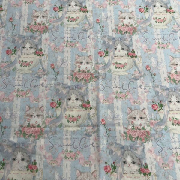Korean Style Cat Print Cotton Fabric — Soft Digital Print for Kids’ & Women’s Apparel