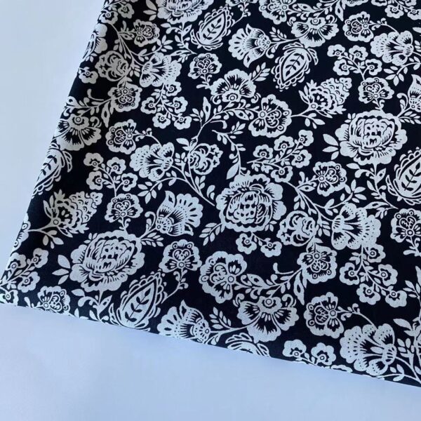 100% Cotton Printed Poplin Fabric — Black & White Floral