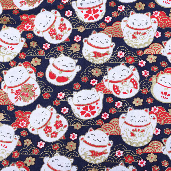100% Cotton Japanese Lucky Cat Gold Foil Fabric — Kawaii DIY Sewing Cloth