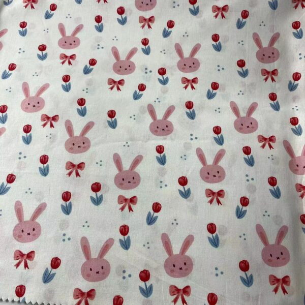 Cartoon Bunny Cotton Poplin Fabric — Soft Printed Fabric for Kidswear, Dresses & Anti-Mosquito Pants