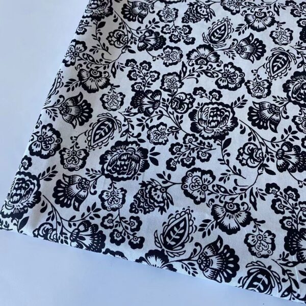 100% Cotton Printed Poplin Fabric — Black & White Floral