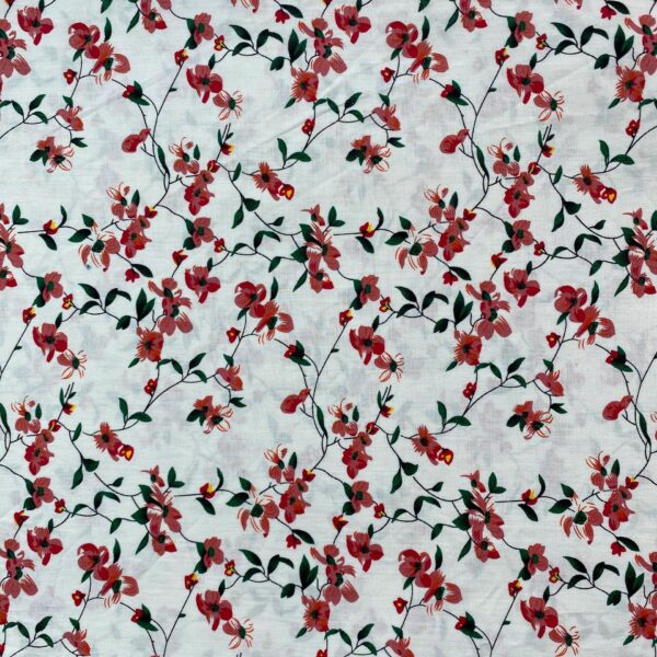 SKU-01-白底 100% Cotton Reactive Printed Pastoral Floral Fabric — Soft, Breathable & Summer-Friendly