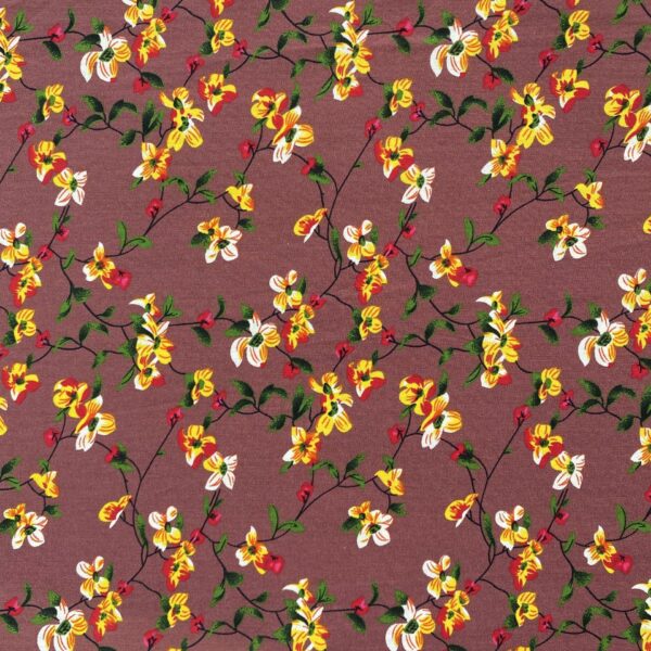SKU-02-咖啡底 100% Cotton Reactive Printed Pastoral Floral Fabric — Soft, Breathable & Summer-Friendly